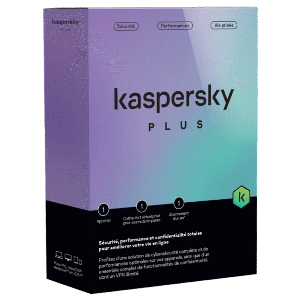 Kaspersky Plus (équivalent à Internet Security) - 3 Postes / 1 an