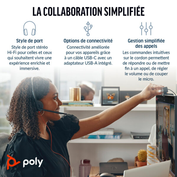 Micro-casque POLY Blackwire 3220 stéréo USB-C + adaptateur USB-C/A – Image 3